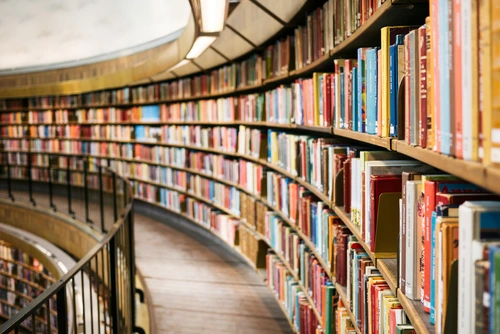 Curved multi-level library bookshelves filled with colorful books