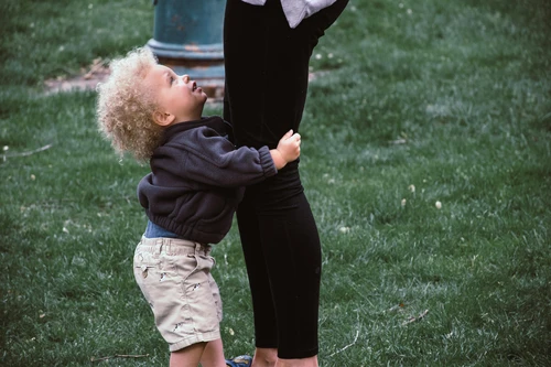 Toddler hugging adult’s legs on grass